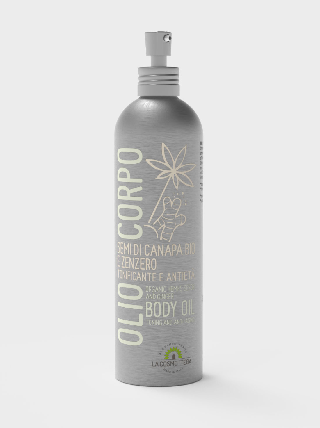 La-Cosmottega-olio-corpo con olio di semi di canapa bio canapa bio e zenzero.